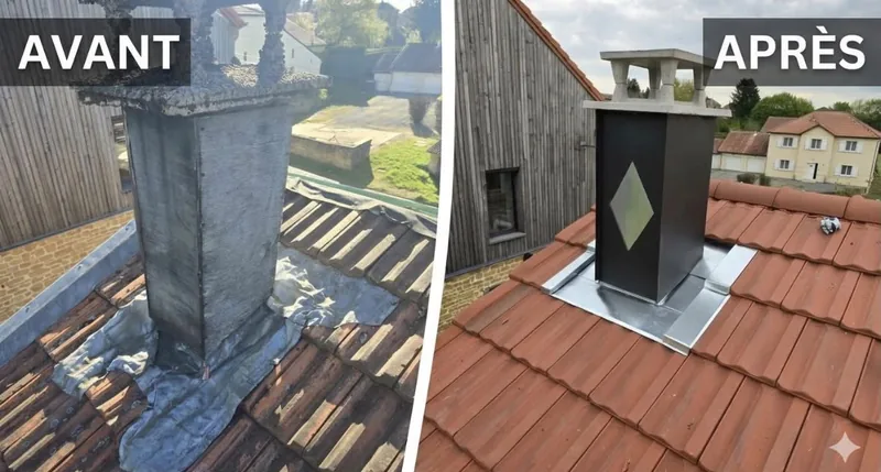 Souche de cheminée avant et après habillage zinc neuf, à Bonneuil-sur-Marne